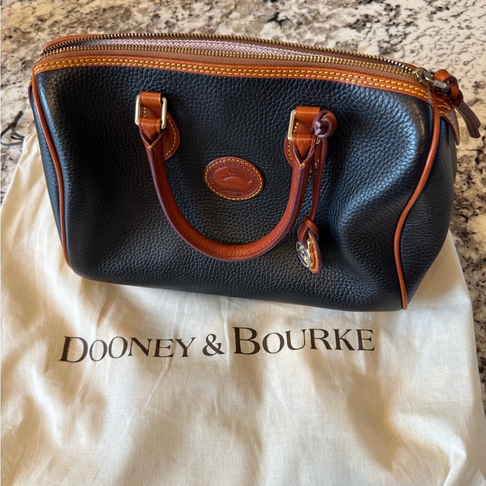 Dooney & Bourke Black Pebbled Leather Satchel with Tan Trim